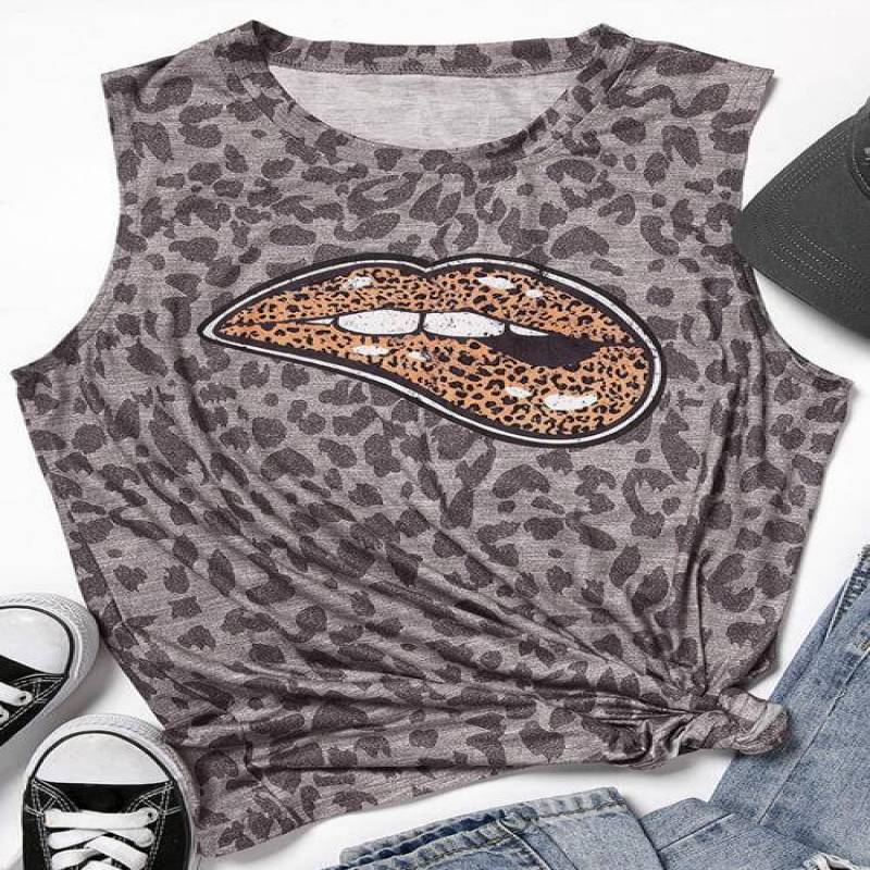 Camo Leopard Print Round Neck Tank Tops