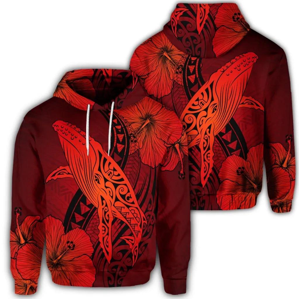 Alohawaii Hoodie – Hawaiian Map Whale Swim Hibiscus Polynesian Hoodie – Red – Ah – J6R