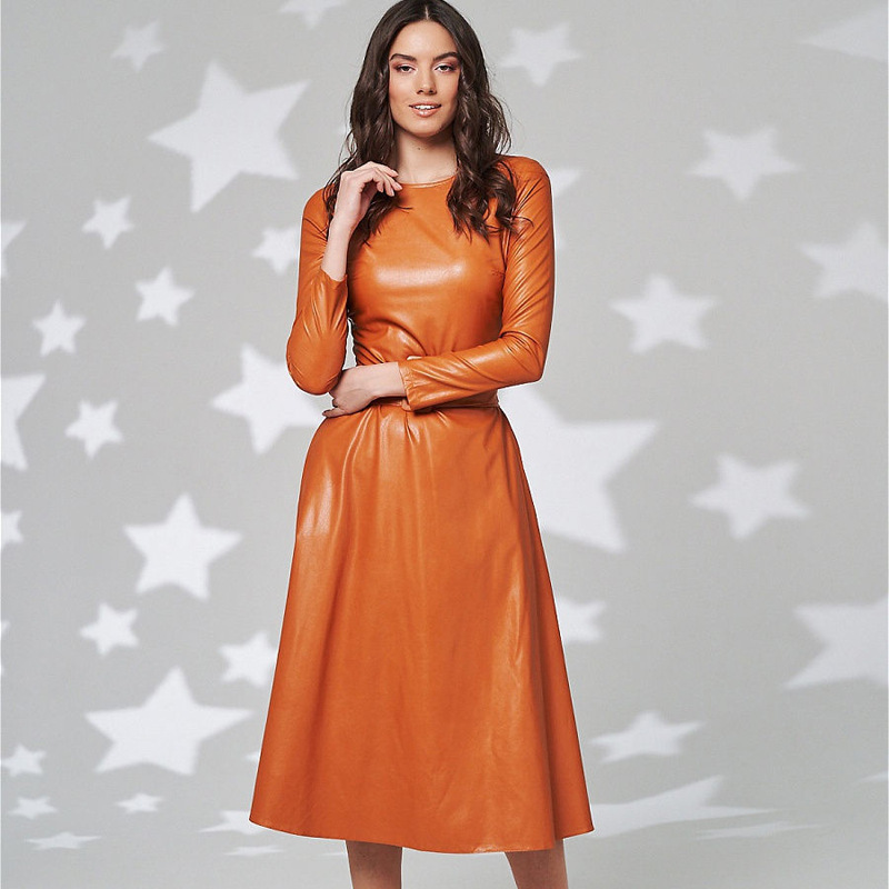 Belt PU Leather Dresses Women’s Plus Size A-line Elegant Party Maxi Dress Long Sleeve O Neck 2021 Autumn Winter Fashion Clothing alx