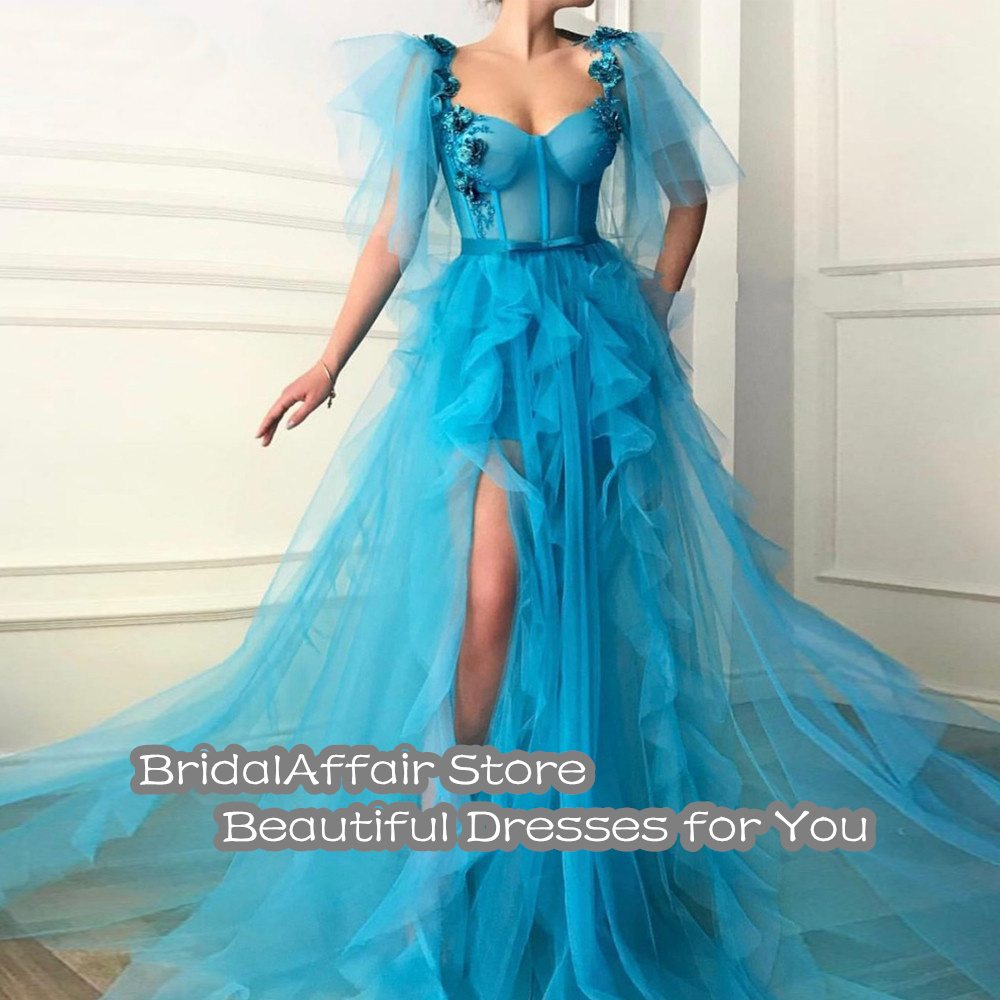 BridalAffair Blue Prom Dresses Flowers Ruffles Tulle High Slit Dubai Saudi Arabic Long Prom Evening Gowns for Teens Graduation alx