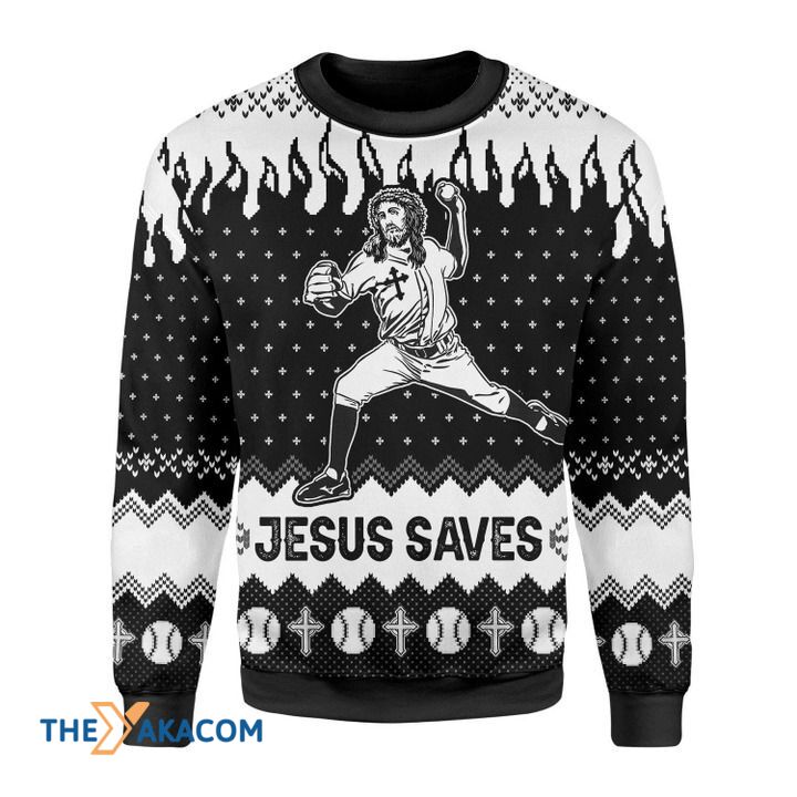 Black And White Baseball God Jesus Saves Gift For Christmas Ugly Christmas Sweater