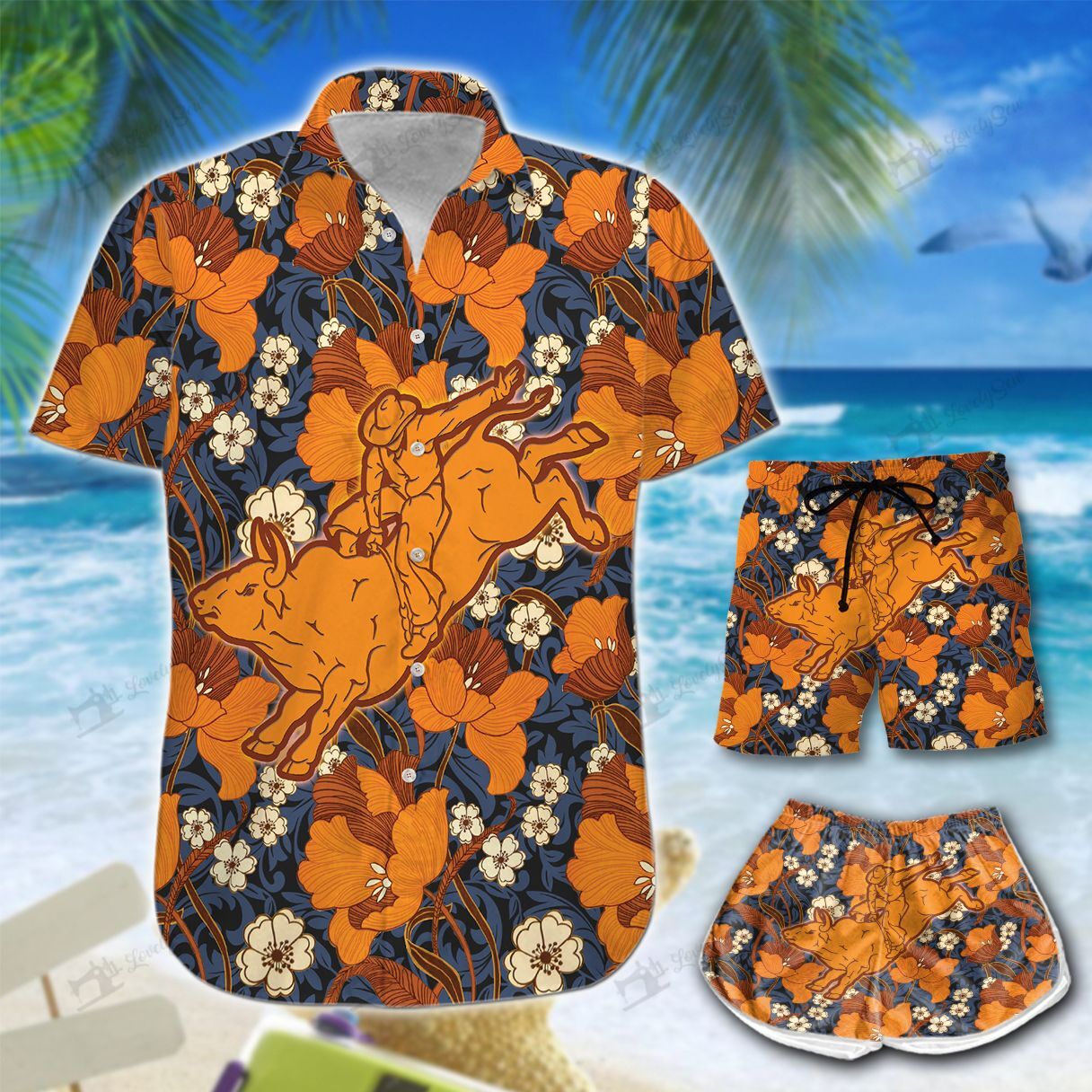 Bull Riding Western Flower Hawaiian Shirt Shorts Ha41638