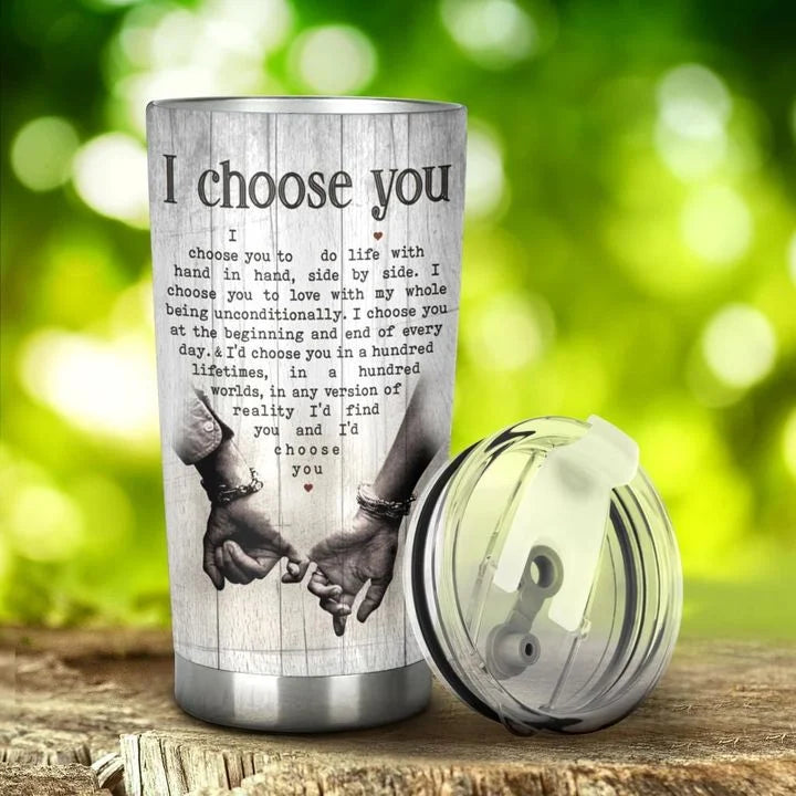 Couple Quote I Choose You To Do Life With Hand In Hand Stainless Steel Skinny Tumbler Bulk, Double Wall Vacuum Slim Water Tumbler Cup With Lid, Reusable Metal Travel Coffee Mug