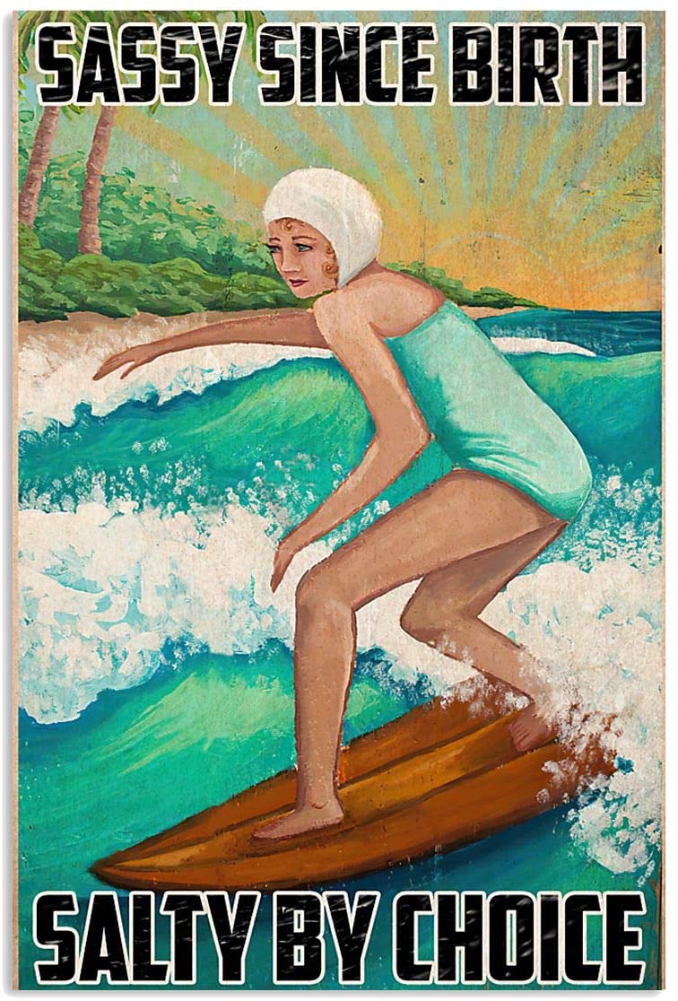 Vintage Girl Surfing Salty By Choice Poster Art Print      Home Decor Gift For Men Women Family Friend On Birthday Xmas