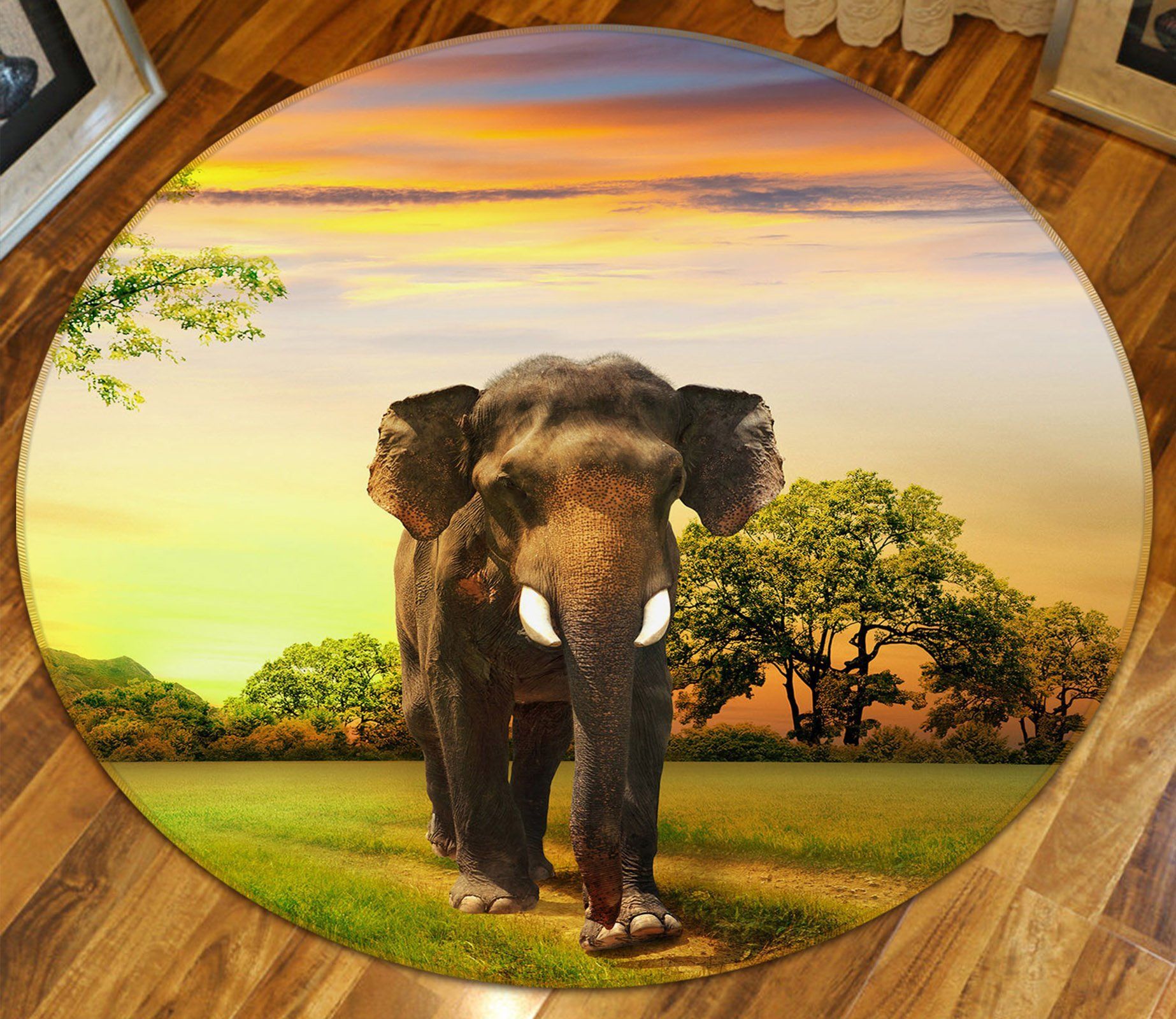 3D Sunset Lonely Elephant Round Rug – Round Carpet Home Decor