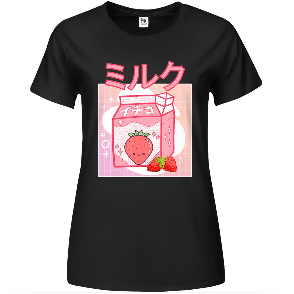 Cute Pink Strawberry Milk Japanese Kawaii Retro 90S Anime Premium Womens T Shirts