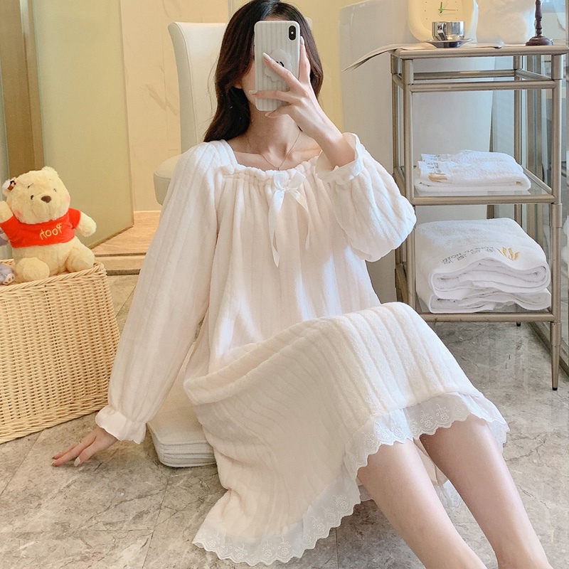 Winter Long Sleeve Thick Warm Flannel Nightgowns for Women Korean Cute Lace Coral Velvet Sleepwear Night Dress Nightdress Nighty alx