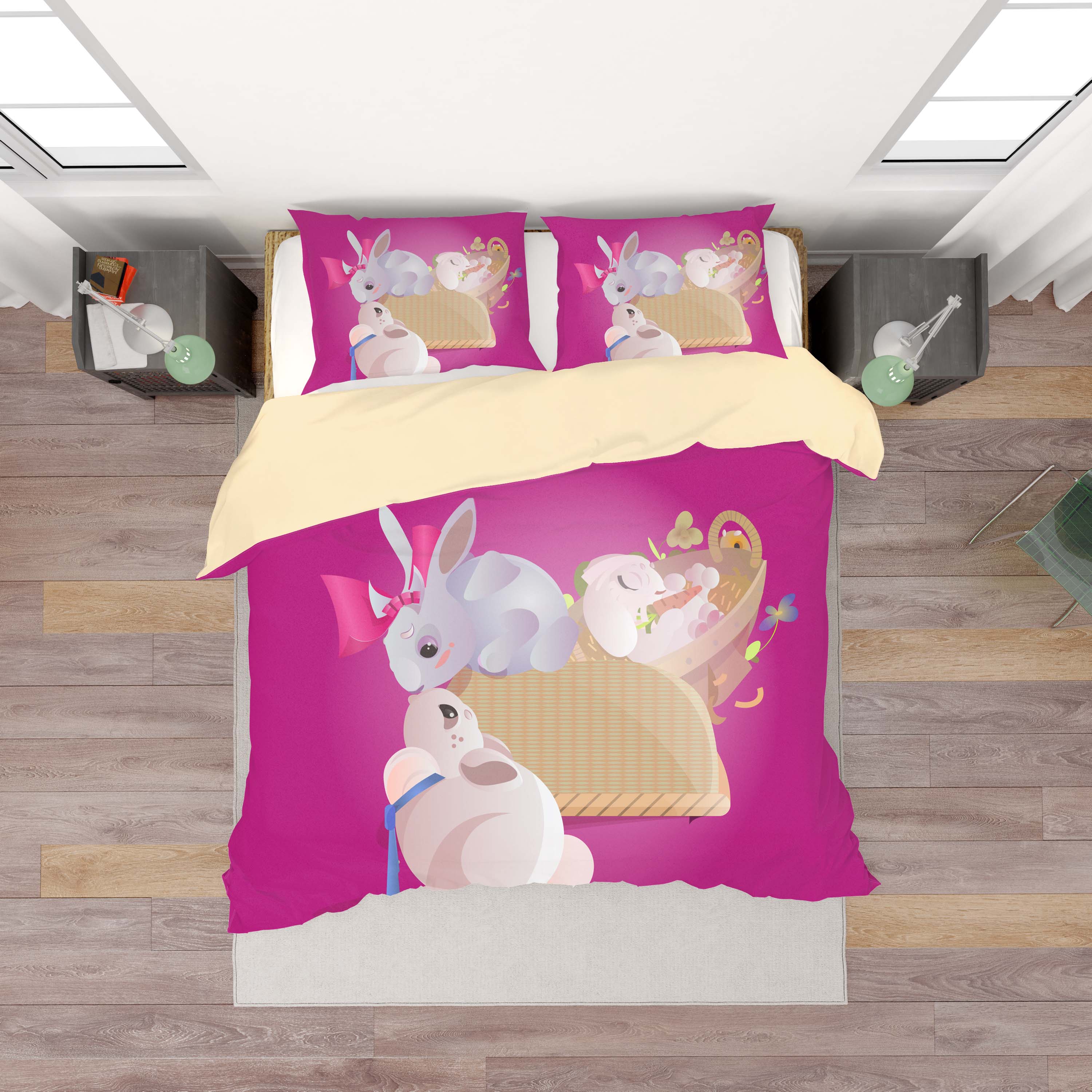 3D Pink Rabbit Basket Quilt Cover Set Bedding Set Duvet Cover Pillowcases Sf13