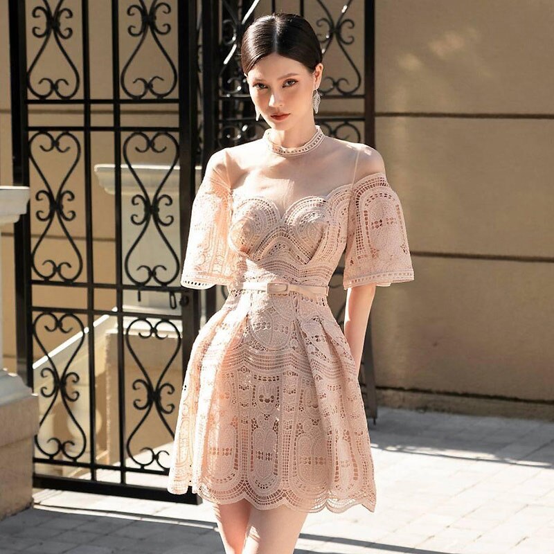 Vietnamese Designer Party Dress Lace Embroidery Waist Closing Women’s Elegant Retro Dinner Banquet Short Dresses 2022 Summer New alx