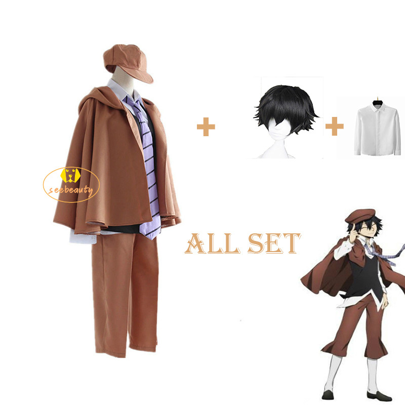 All Set Anime Bungo Stray Dogs Ranpo Edogawa Cosplay Costume Short Black Wig Shirt Brown Uniform Halloween Masquerade Party alx