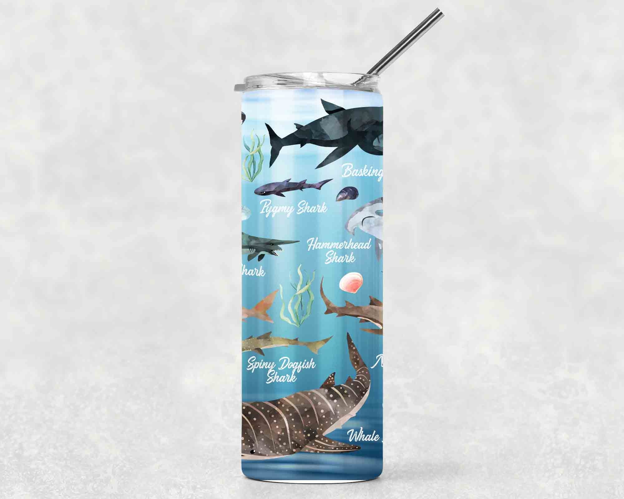 Shark Tumbler With Stainless Steel Straw Skinny Tumbler Watercolor Illustrated Sharks Gift Idea Travel Mug Cold Hot Vacuum Lid