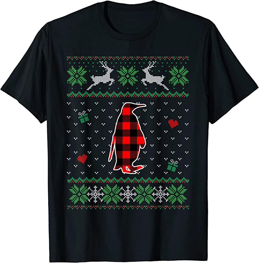 Funny Red Plaid Ugly Sweater Christmas Penguin Animals T-Shirt