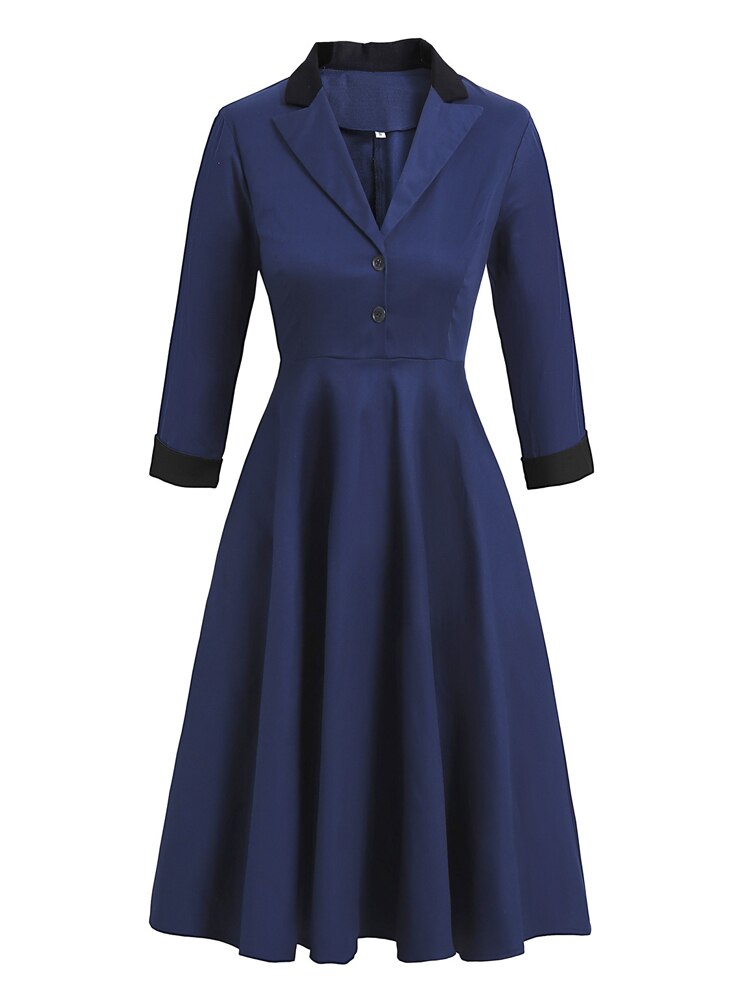 Tonval Navy Blue Notched Collar Button High Waist Vintage Robe Women Swing Dress Autumn 3/4 Length Sleeve A-Line Dress Elegant alx