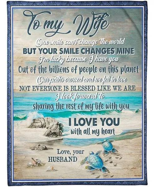 To My Wife One Smile Can’T Change The World But Your Smile Changes Mine Turtle Fleece Blanket Gift For Wife Home Decor Bedding Couch Sofa Soft And Comfy Cozy