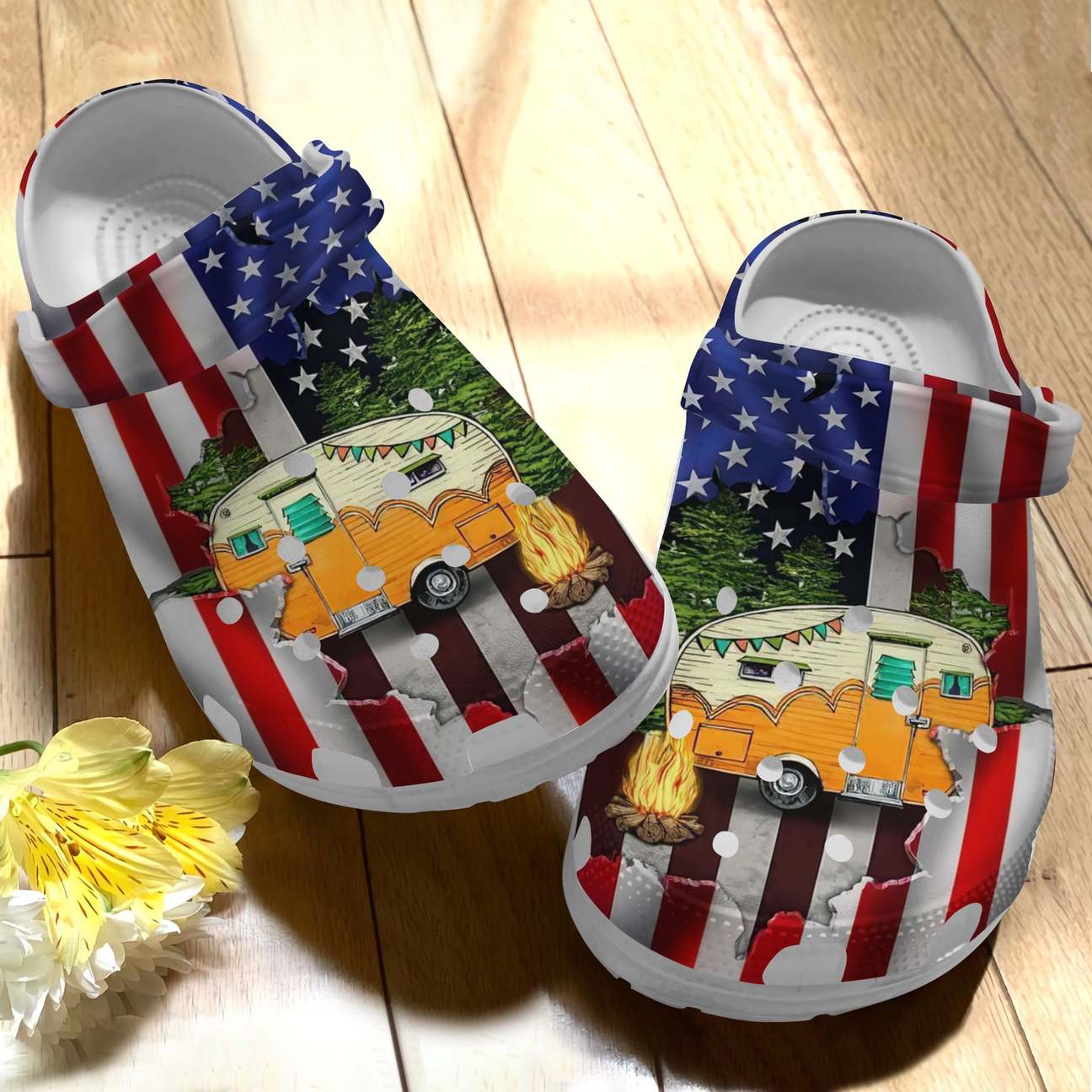 Camping Personalized Clog, Custom Name, Text Happy Camper Flag, Fashion Style For Women, Men, Kid, Print 3D