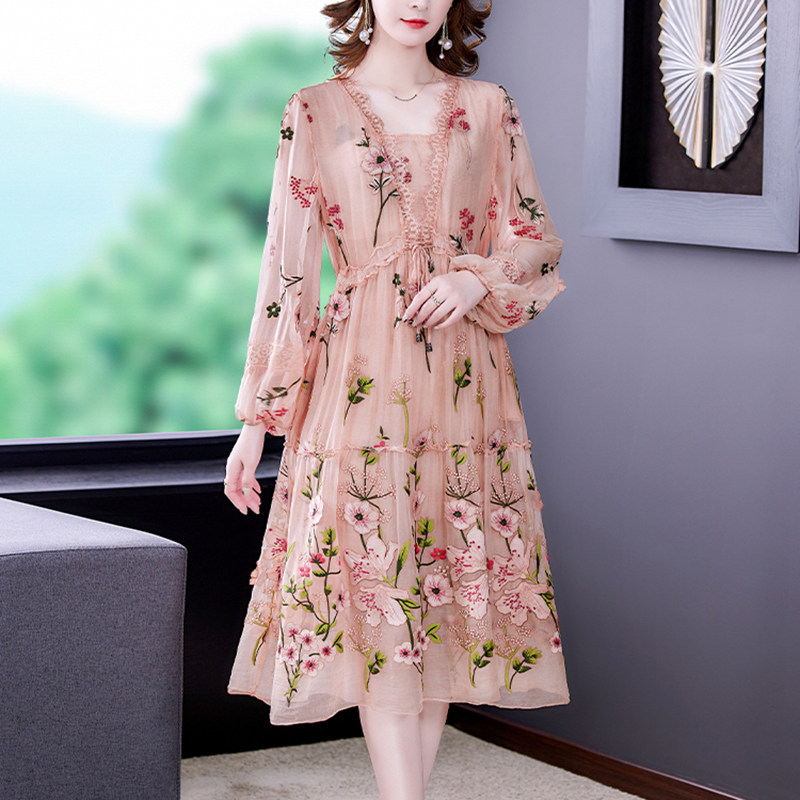 2022 Women Pink Floral Embroidery Long Sleeve Midi Dress Spring Autumn Korean Fashion Natural Silk Dresses Elegant Bodycon Robe alx