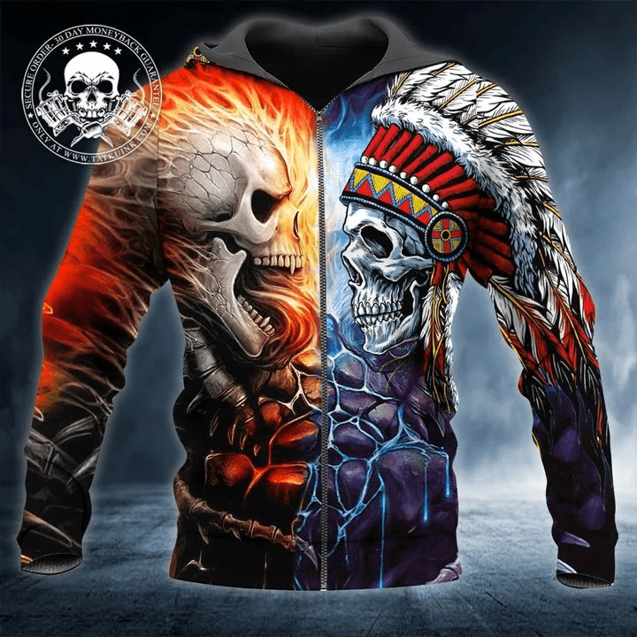 Skull Native American Fire & water Hoodie 3D #V – TCshirt
