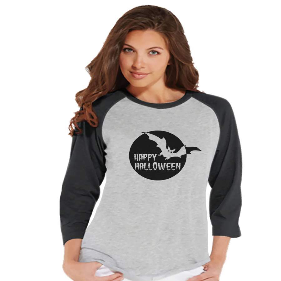 Women's Halloween Shirt - Black Bat Happy Halloween Shirt - Ladies Halloween Party Shirt - Adult Halloween Costumes - Grey Halloween Raglan x Halloween costumes 2024