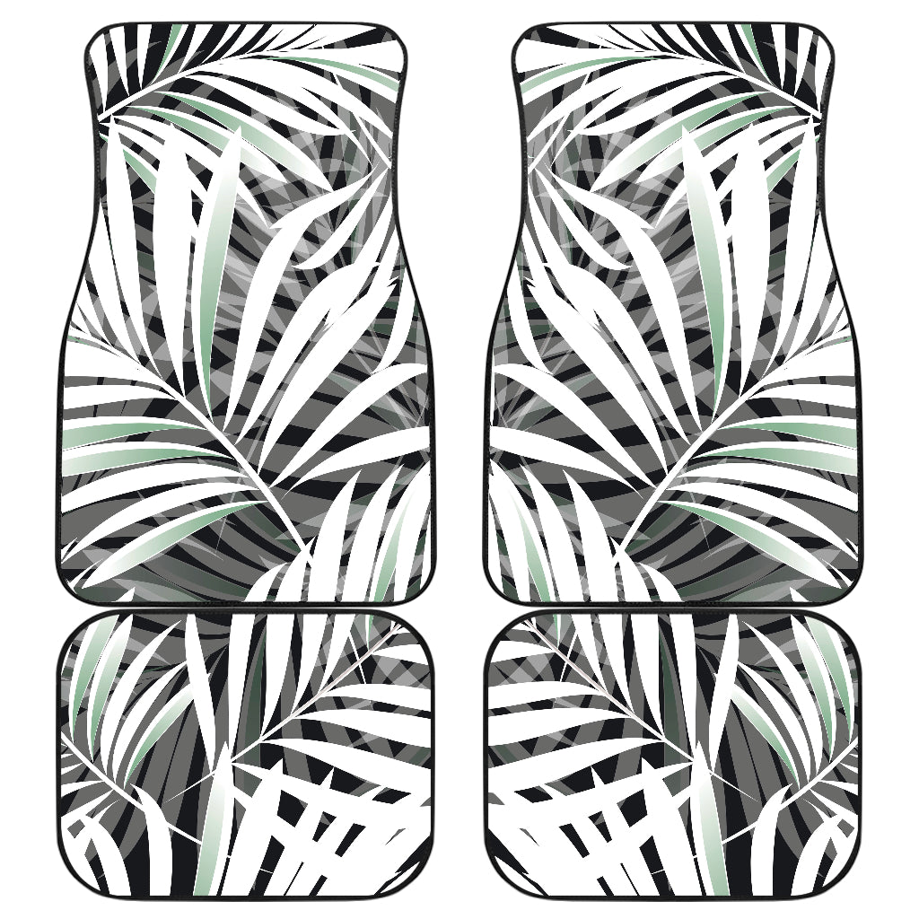 Black White Tropical Leaf Pattern Print Front And Back Car Floor Mats, Front Car Mat