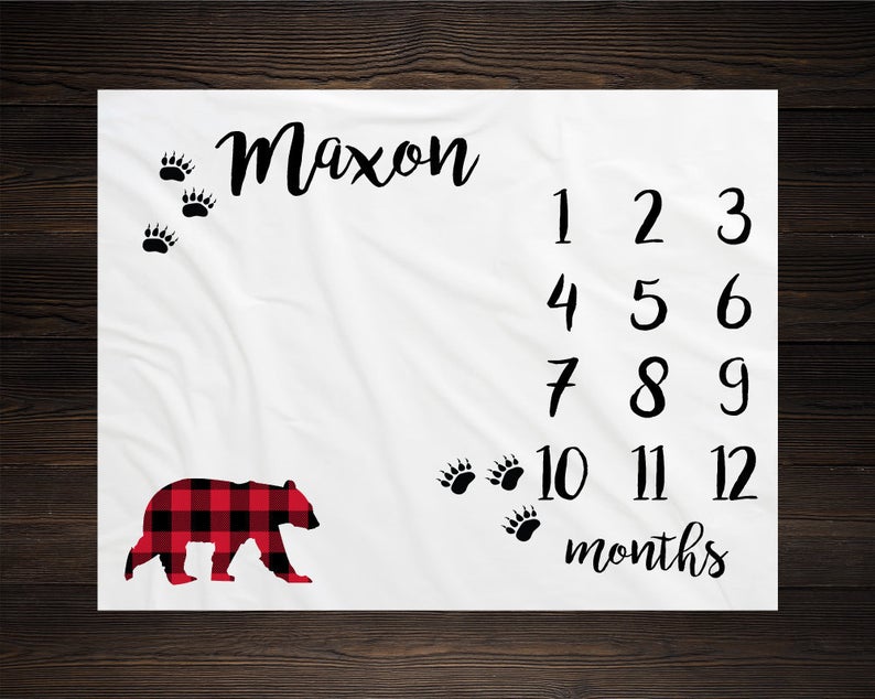 Bear Baby Milestone Blanket, Monthly Growth Tracker, Personalized Baby Blanket, Custom Blanket For Baby, Baby Shower Gift, New Baby Gift