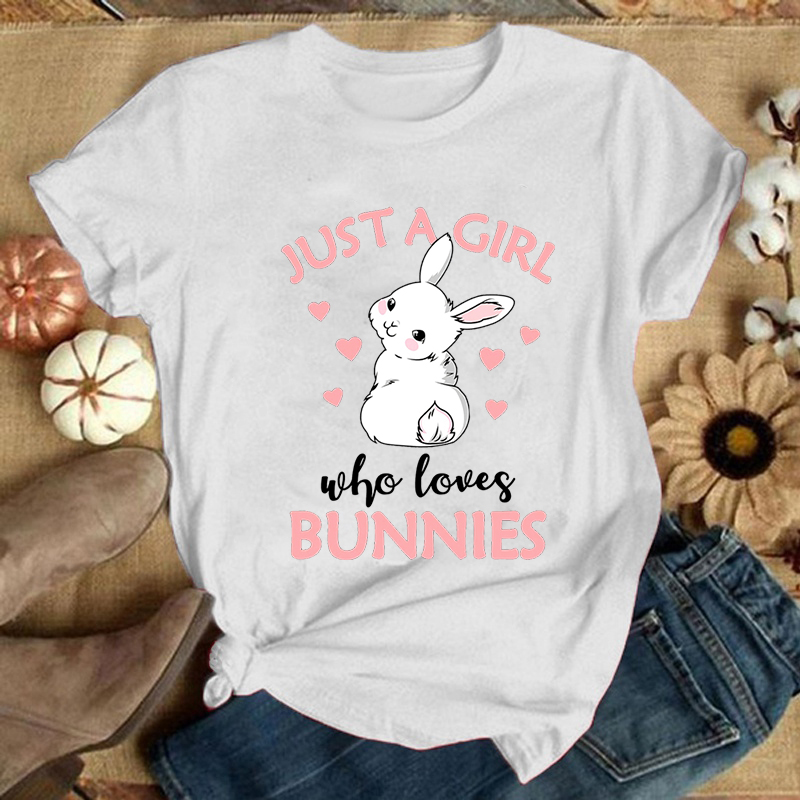 Just A Girl Who Loves Bunnies Woman Tshirts Cute Rabbits Ullzang Cartoon T-shirt 90s Bunny Print Tshirt Graphic Top Tees Female alx