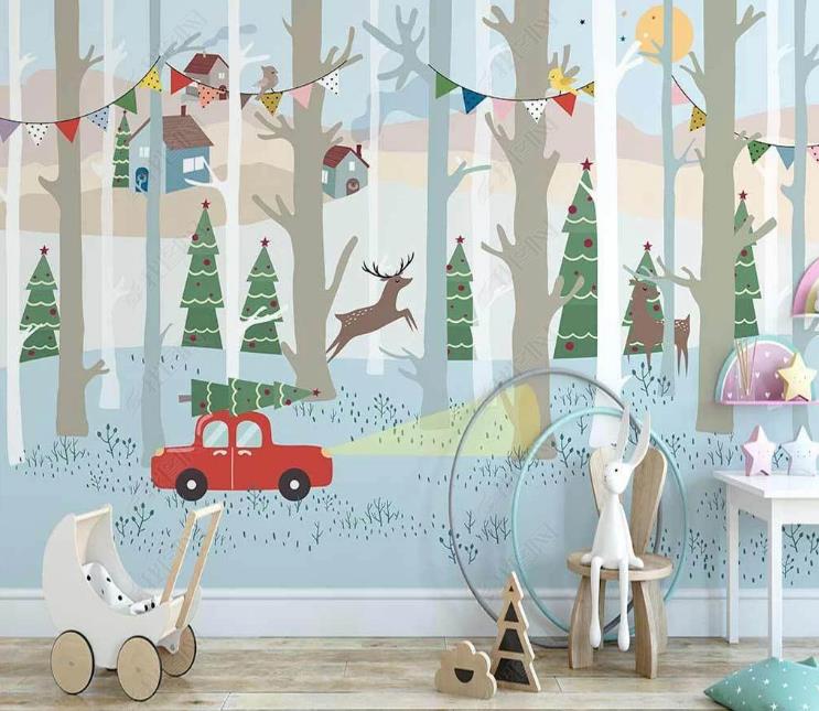 3D Northern Europe Hand-Painted Woods Animal Car House Wall Mural Wallpaper Sww1406