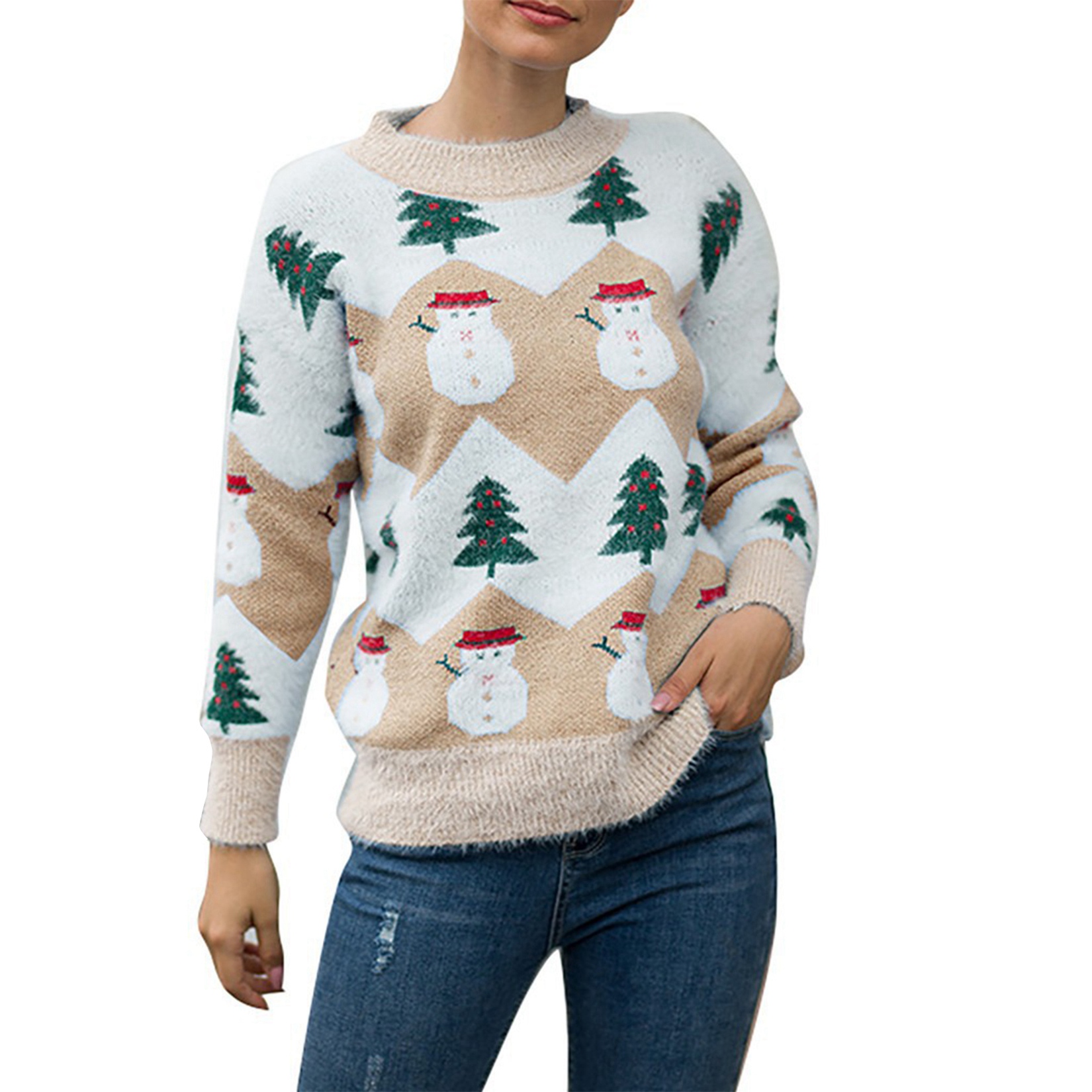 Women Christmas Pullover Sweaters Long Sleeve Funny Snowman Graphic Jumpers Cute Crew Neck Tops alx