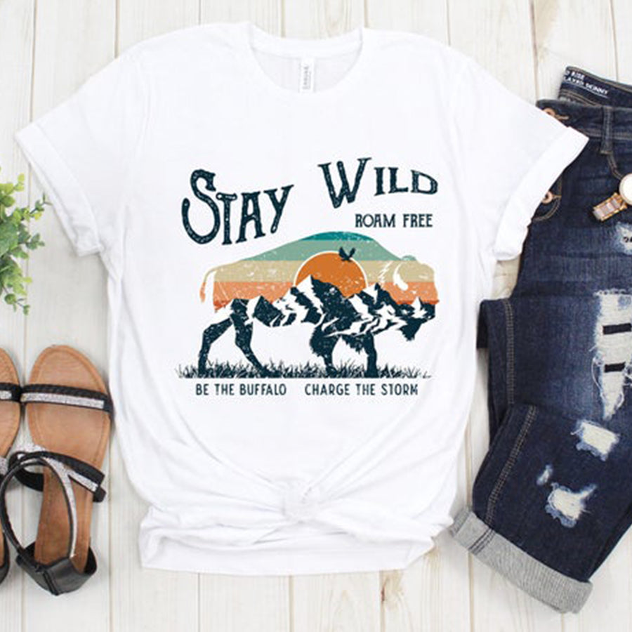 Stay Wild Buffalo Apparel – Retro Bison Outfit – Cool Mountain T-Shirt – Charge The Storm Clothing – Wild Animals Clothes – Western Shirt