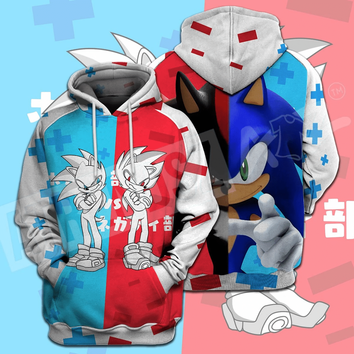 Sonic The Hedgehog T-Shirt Sonic And Shadow The Hedgehog Blue Red T-Shirt Hoodie Adult Full Print