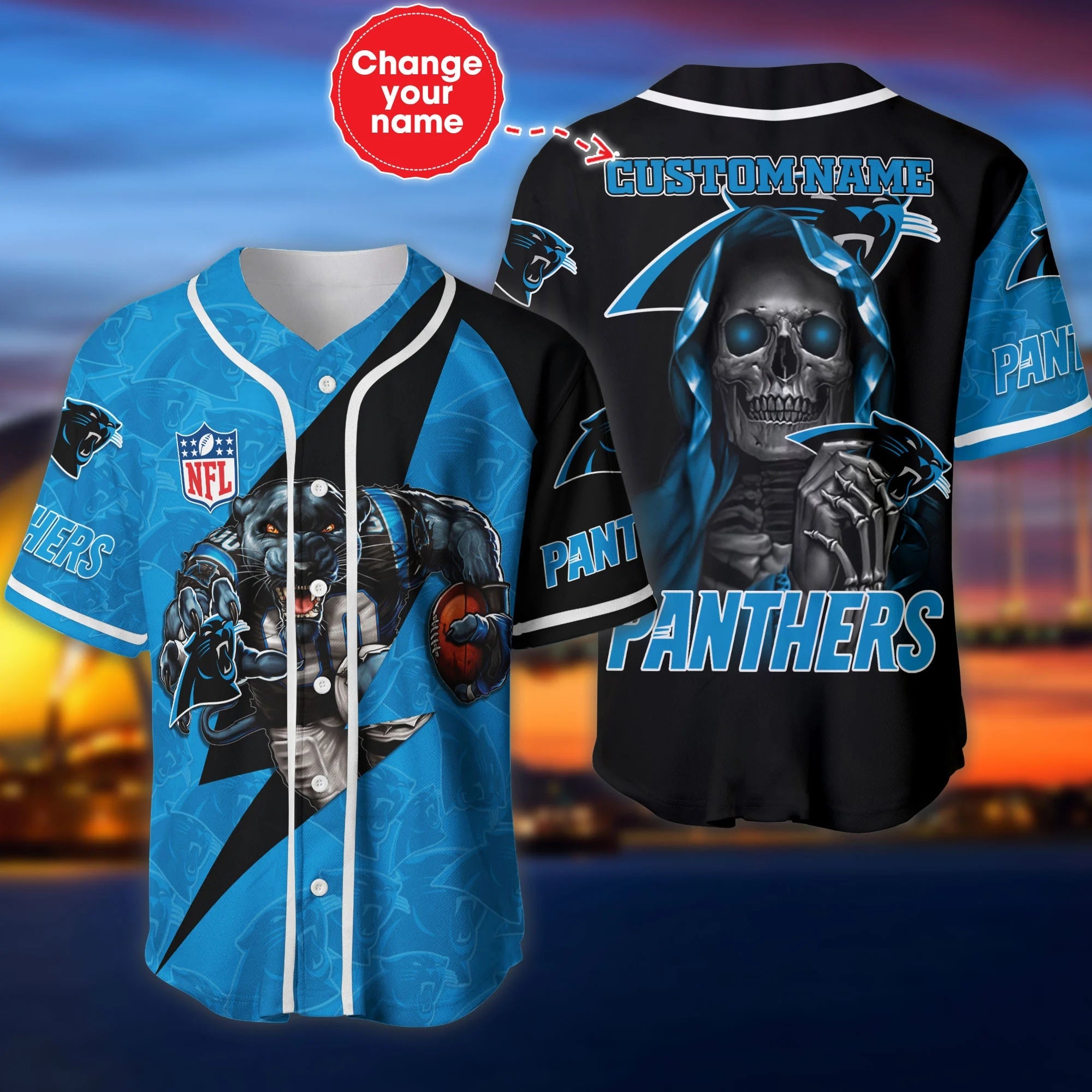 Carolina Panthers Baseball Jersey Skull Custom Name