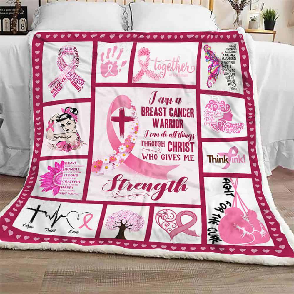 Viticstore™  Breast Cancer Warrior Strength – white large fleece blanket, gift for breast cancer patient, fleece blanket for breast cancer patient