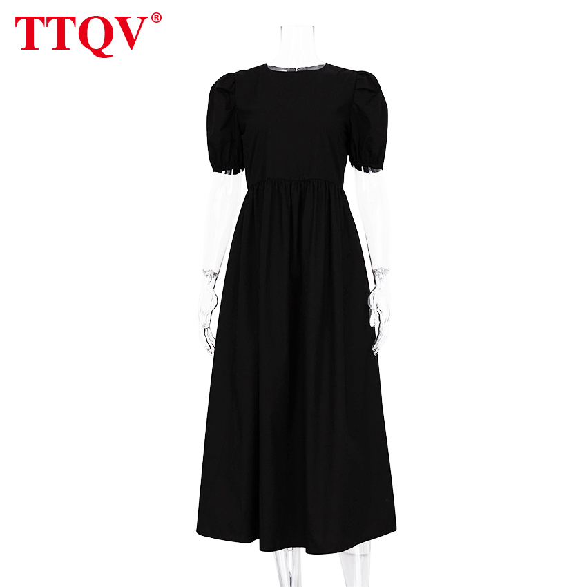 TTQV Casual Loose Black Women’S Dress Summer O-Neck Short Sleeve Office Midi Dresses Elegant High Waist A-Line Female Dress alx