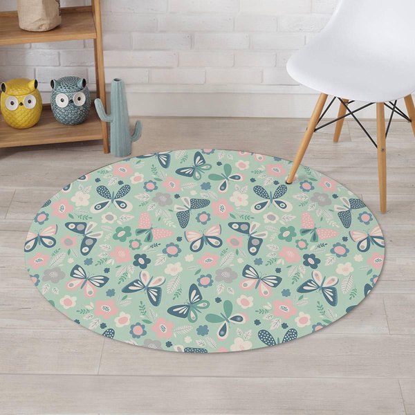 Floral Mint Butterfly Print Round Rug