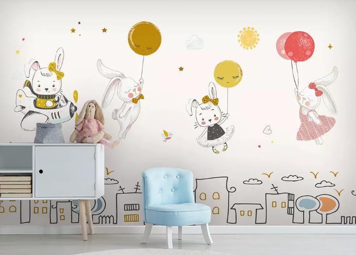 3D Cartoon Animal City Bunny Balloon Wall Mural Wallpaper Lqh 275