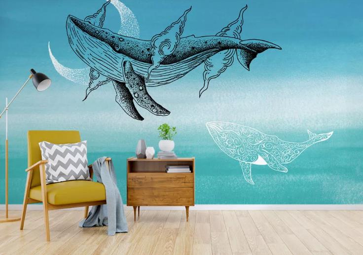 3D Hand Drawn Animal Whale Wall Mural Wallpaper Lqh 628