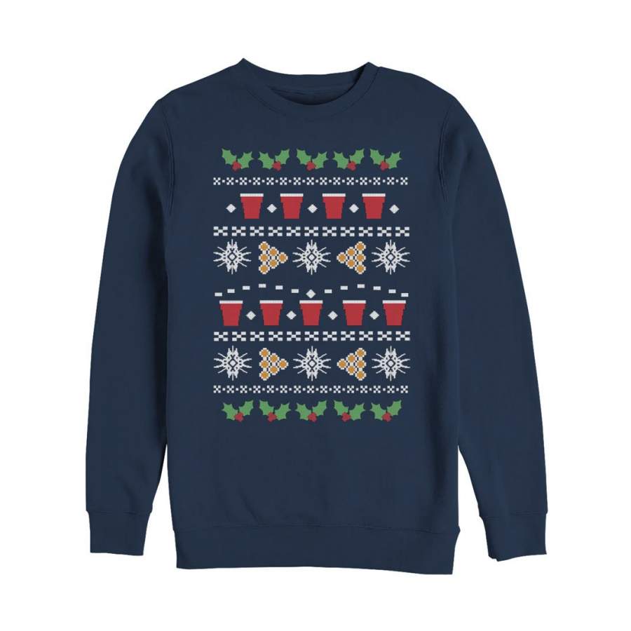 Lost Gods Men’s Ugly Christmas Pong  Sweatshirt Navy Blue