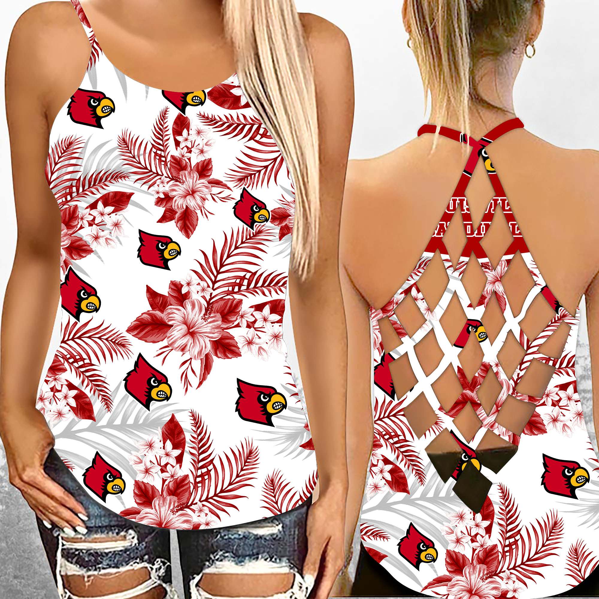 Louisville Cardinals NCAA2-Criss Cross Tanktop Hawaii Style Ds1