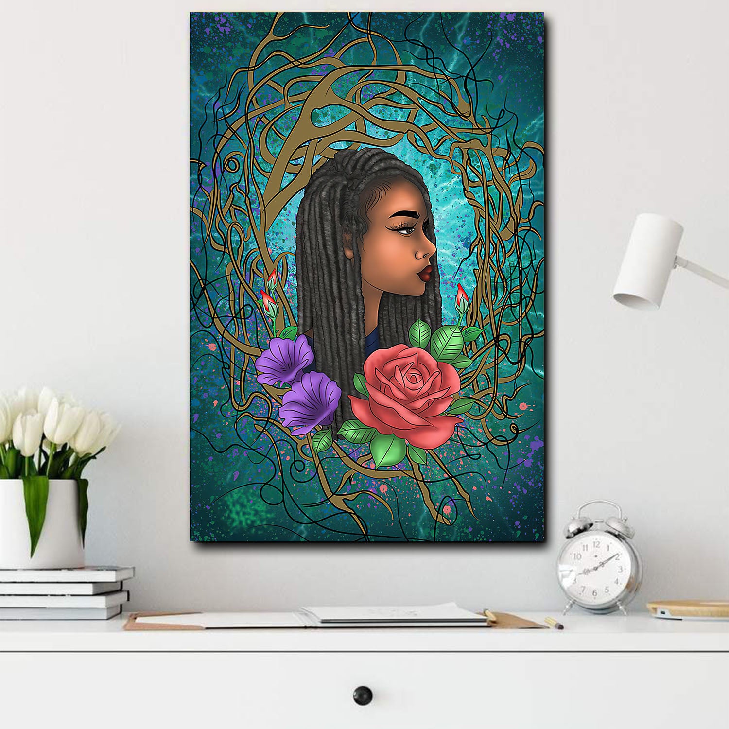 African American Canvass And Prints Melanin Girl With Rose Afro Home Decoration