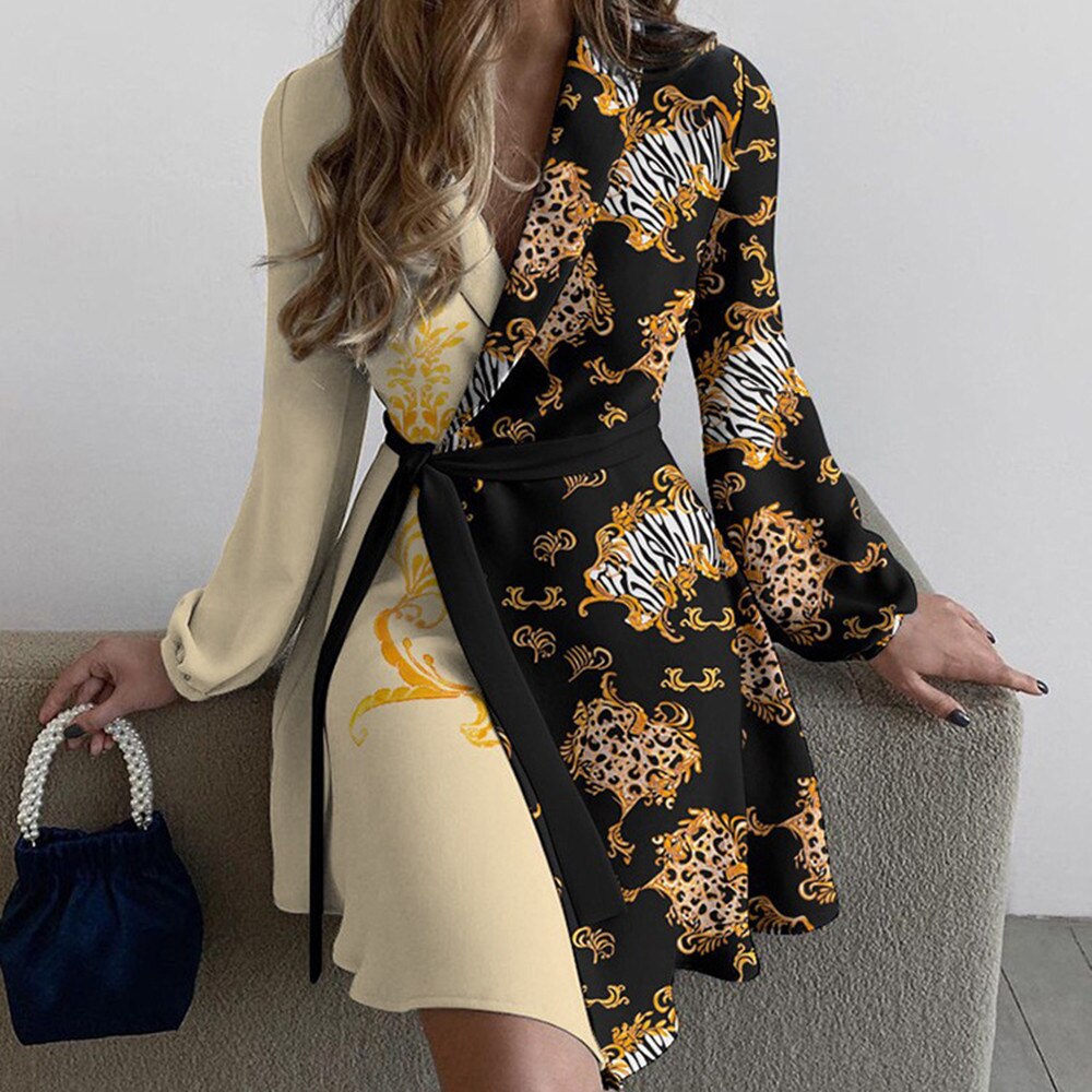 2022 New Lapel Simple Dress Women Summer Europe United States Fashion Temperament Printed Long-sleeve Waist Lace Dresses Casual alx