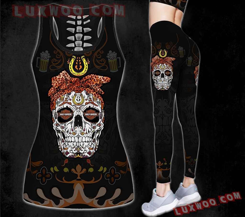 Combo Harley Davidson New Skull Black Flower Hollow Tanktop Legging Set Outfit K1587