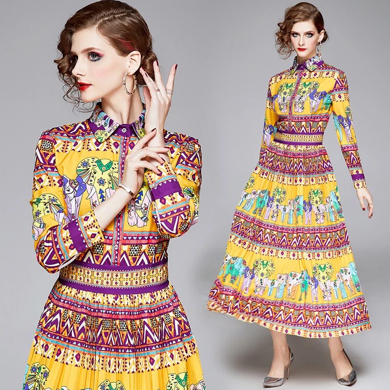 Spring Summer Autumn Runway Vintage Floral Print Collar Long Sleeve Women Ladies Party Casual A-Line Maxi Beach Dress alx