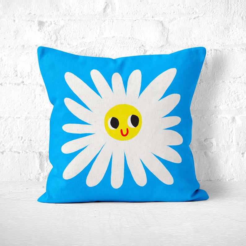 Daisy Throw Pillow, Cute Funny Flower Cushion, Bright Cobalt Blue, Quirky Kids Room Decor