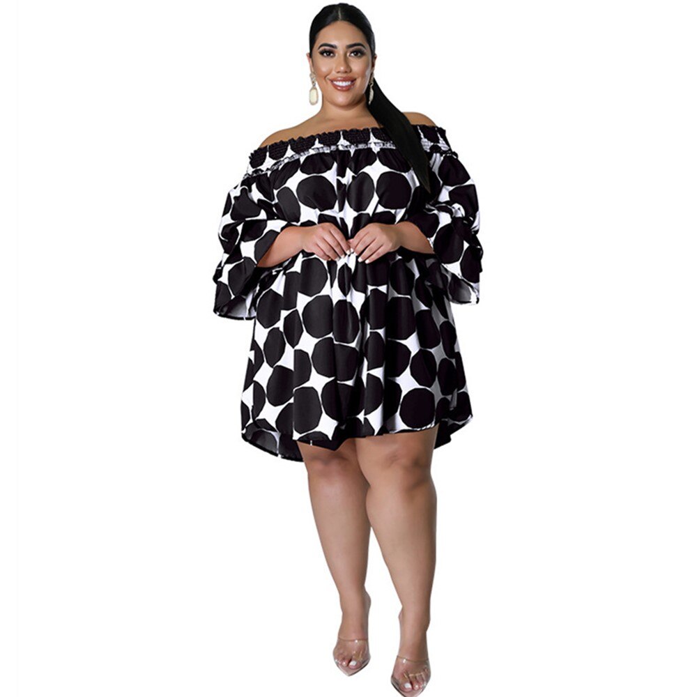 Wmstar Plus Size Dresses for Women Summer Dot Pint Off Shoulder Sweet Elegant Casual Mini Dress New Style Wholesale Dropshipping alx