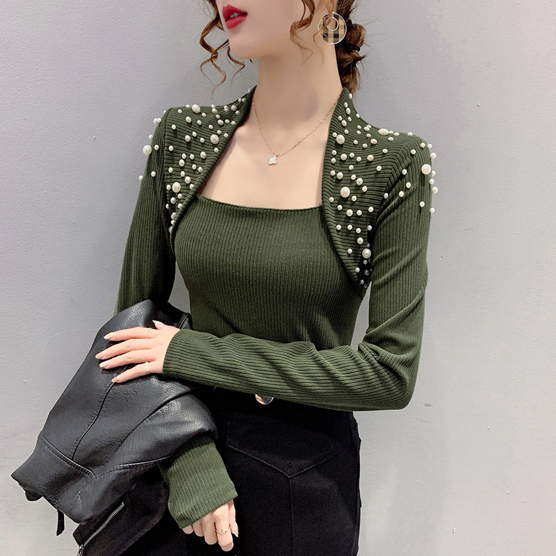 Winter thick knitted sweater women tops korean fashion pearl beading patchwork pullover fake two piece sexy tight retro pulls alx