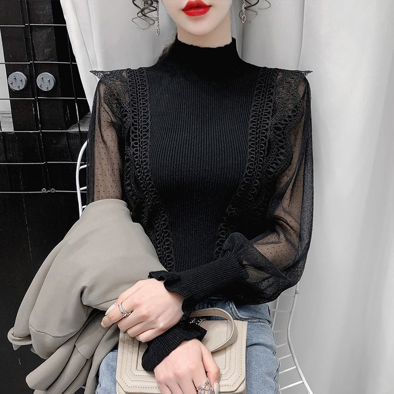 Spring and Autumn New Sweater Slim Mesh Lantern Sleeve Splicing Knitwear Long-sleeved Bottoming Pullover Women alx