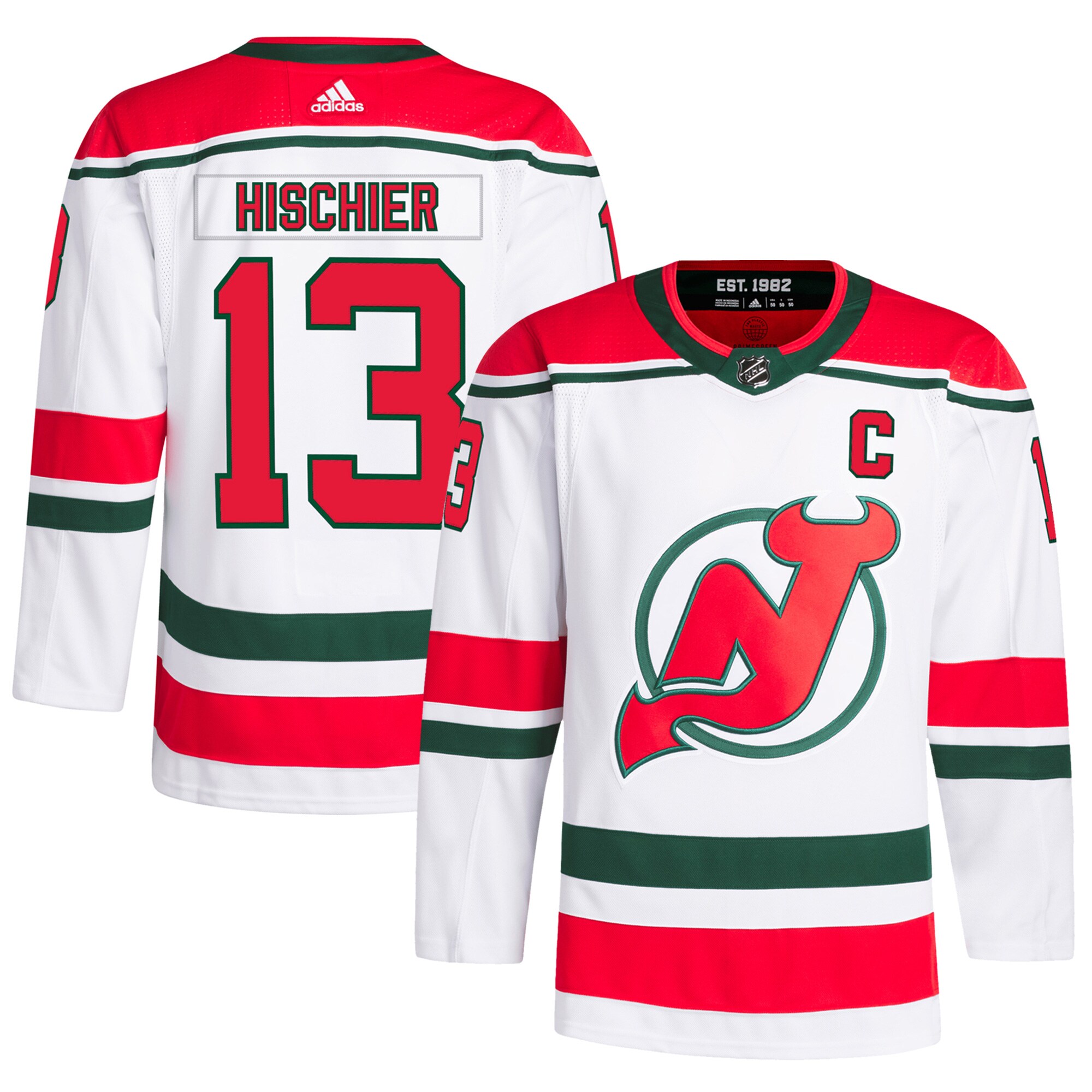 Men's New Jersey Devils Nico Hischier adidas White Primegreen Authentic Pro Player Jersey