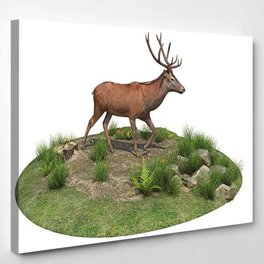 Deer Walking Natural Habitat 3D Render – Deer Animals Canvas Print