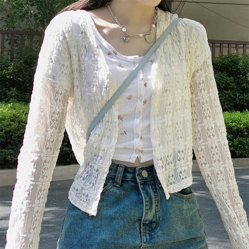 Summer Apricot Lace Women Cardigan Korean Fashion V-neck Long Sleeve Cropped Tops Sweet Slim Thin Sunscreen Jacket Female Shrug alx