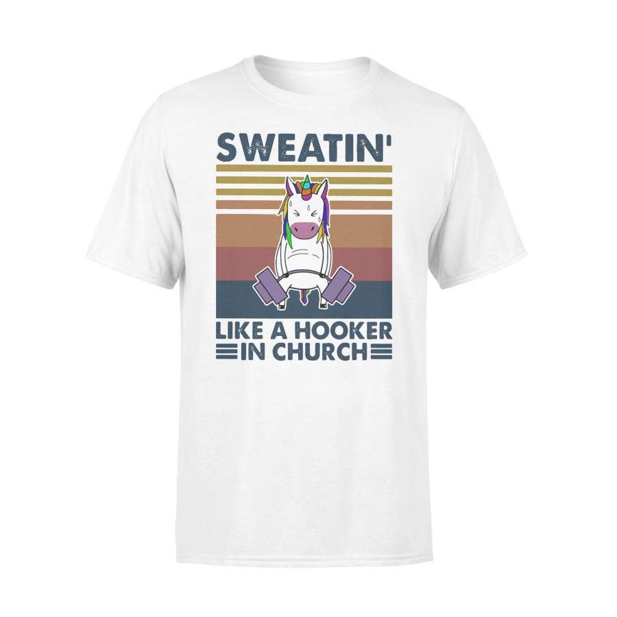 Weight Lifting Sweatin Like A Hooker In Church Unicorn Vintage Retro T-shirt