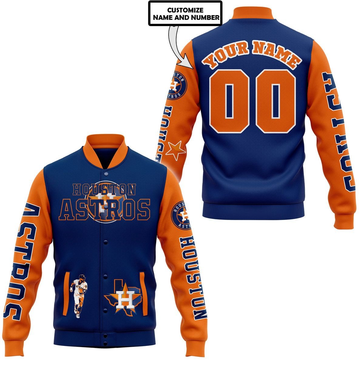 Houston Astros Custom Name Number Navy Orange Baseball Jacket